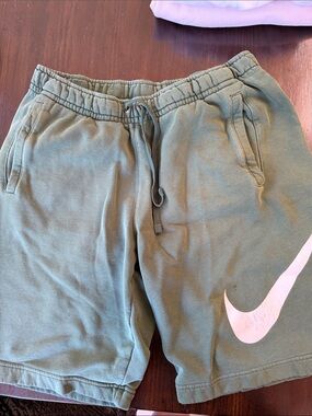 Nike Kids Olive Green Sweat Shorts with White Swoosh